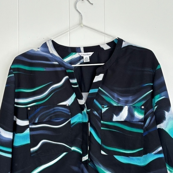 Calvin Klein abstract multi-colour Polyester blouse roll tab sleeve size L - Picture 4 of 15